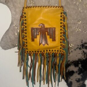 Kurtmen Yellow Fringe Crossbody Bag with Eagle Design
